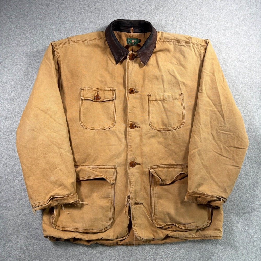 Vintage J.Crew Chore Coat Men Medium Tan 90s Cotton Leather Collar Barn Jacket